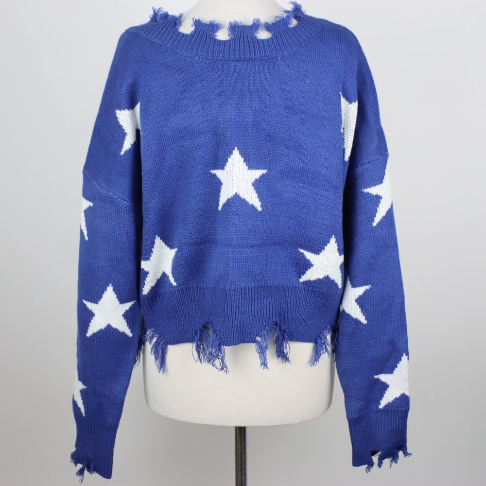 Zaful Womens OS One Size Star Crop Frayed Distressed Sweater - Picture 3 of 4